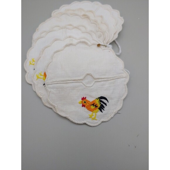 SET OF 12 ROOSTER MADIERA Vintage Cocktail Napkins 10 Matching Drink Coasters - Picture 3 of 11